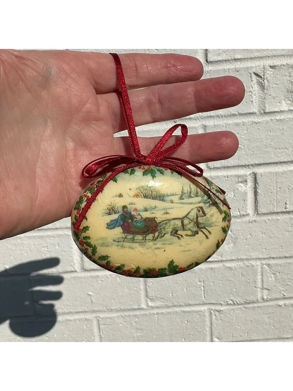 Vintage Christmas 1970’s Victorian Sleigh Ride Styrofoam Ornament W/Red Ribbon